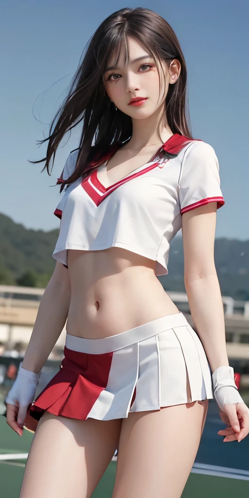 Realistic and high quality photos、Japanese women photos、(nsfw:1.2)、((cheerleading uniform))、(How)、Big Eye、Beautiful and neat features、Small breasts、Thin type、Brown semi-long hair、Expressionless、skeletally correct、locker room、crouching、(spread legs)、(camel toe)、(White bra)、(White underwear)、sneakers