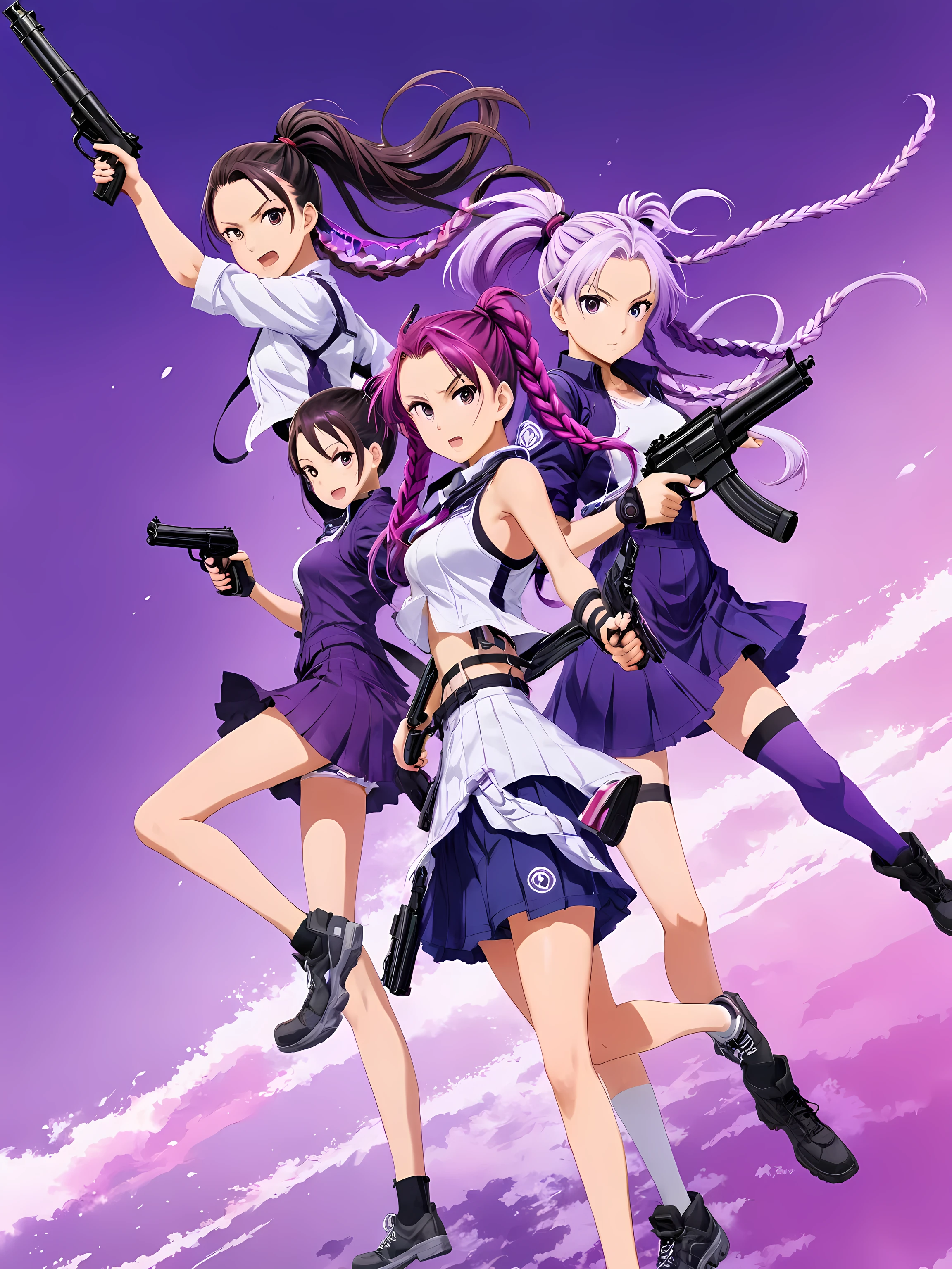 full-body shot，Anime image of two girls holding double guns,One is purple and white gradient double braid long ponytail hair， official art works, Lolish, Anime Cover, fine details. War screens，explode