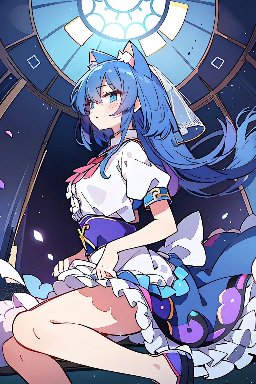 (masterpiece:1.2),Extremely detailed,Practical,expressive eyes,Fair skin,Perfect face shaping,1 Girl,
Japanese cartoons,Gorgeous blue hair, the long flowing blue hair,Floating clothes,Cat ears,Petals fall,beautiful lola,Young Angel,
Place your hands on your waist,sit elegantly on the ground,Cross your legs,Gentle and peaceful background,church，wearing wedding dress,back view,lie on the water,Large Breasts, H Cup, Good breasts, Place your hands on your waist,beautiful, Gorgeous,Japanese cartoons,girl,Lola,Hina Angel, Blue Hair, Blue Haired,Tent breasts, tent box, tent chest, Floating clothes,Grab your waist, Grab your waist, Hands on Hips , hands on hips,sit, sit on ground, Legs on the ground. 