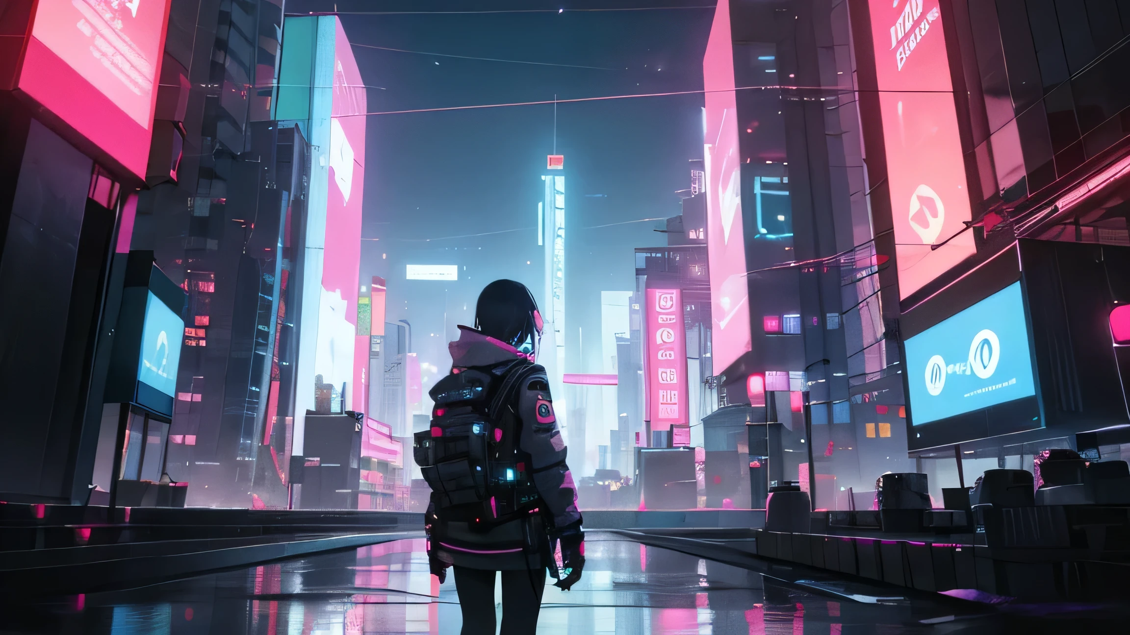 Back view of a girl looking at a cyberpunk-style midnight city with shining neon lights。Futuristic buildings and holographic advertisements。