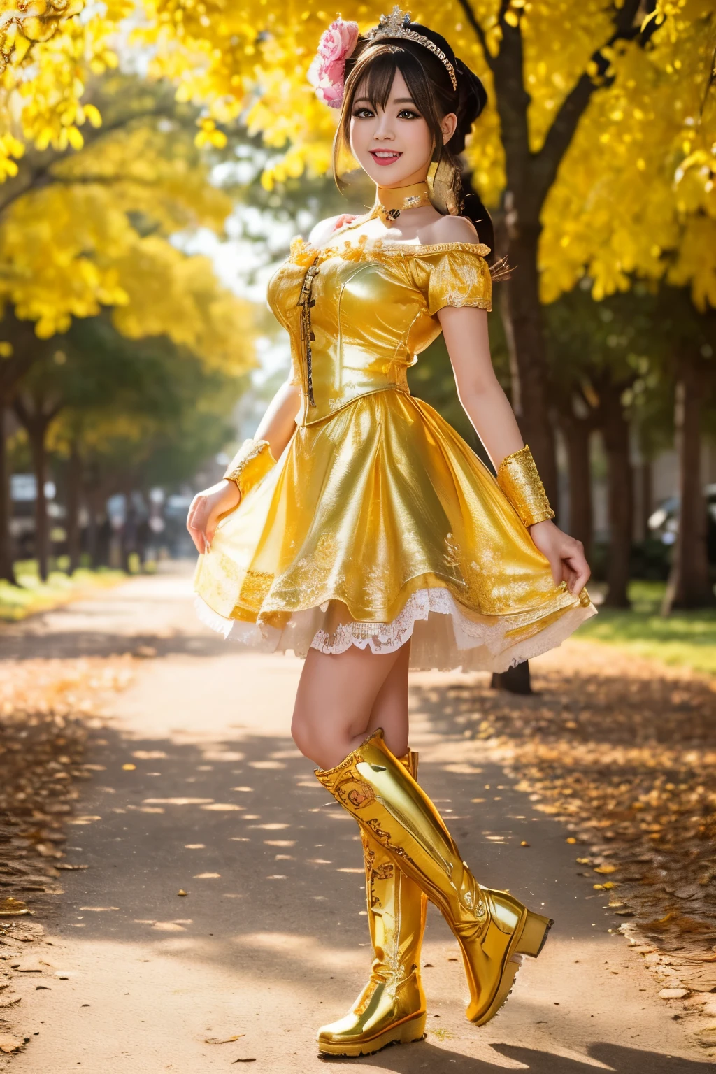 nsfw, sexy golden Thai princess, only 1 female, ((doll-like appearance)), short fuchsia stylish hair, ((shiny Victorian-Style boots)), (big smile), ultra detailed eyes, vivid golden eye makeup, lipgloss, long lashes, defined eyebrows, ((sexy golden Paradise Kiss cosplay)), bell-shaped skirt, petticoats, high neckline, puffed sleeves, ((ultra detailed golden lace)), ((ultra detailed golden embroidery)), intricate details, golden Paradise Kiss accessoires and matching golden headpiece, golden choker, ((large sparkling golden Paradise Kiss jewelry)), cinematic light, detailed large park background with trees