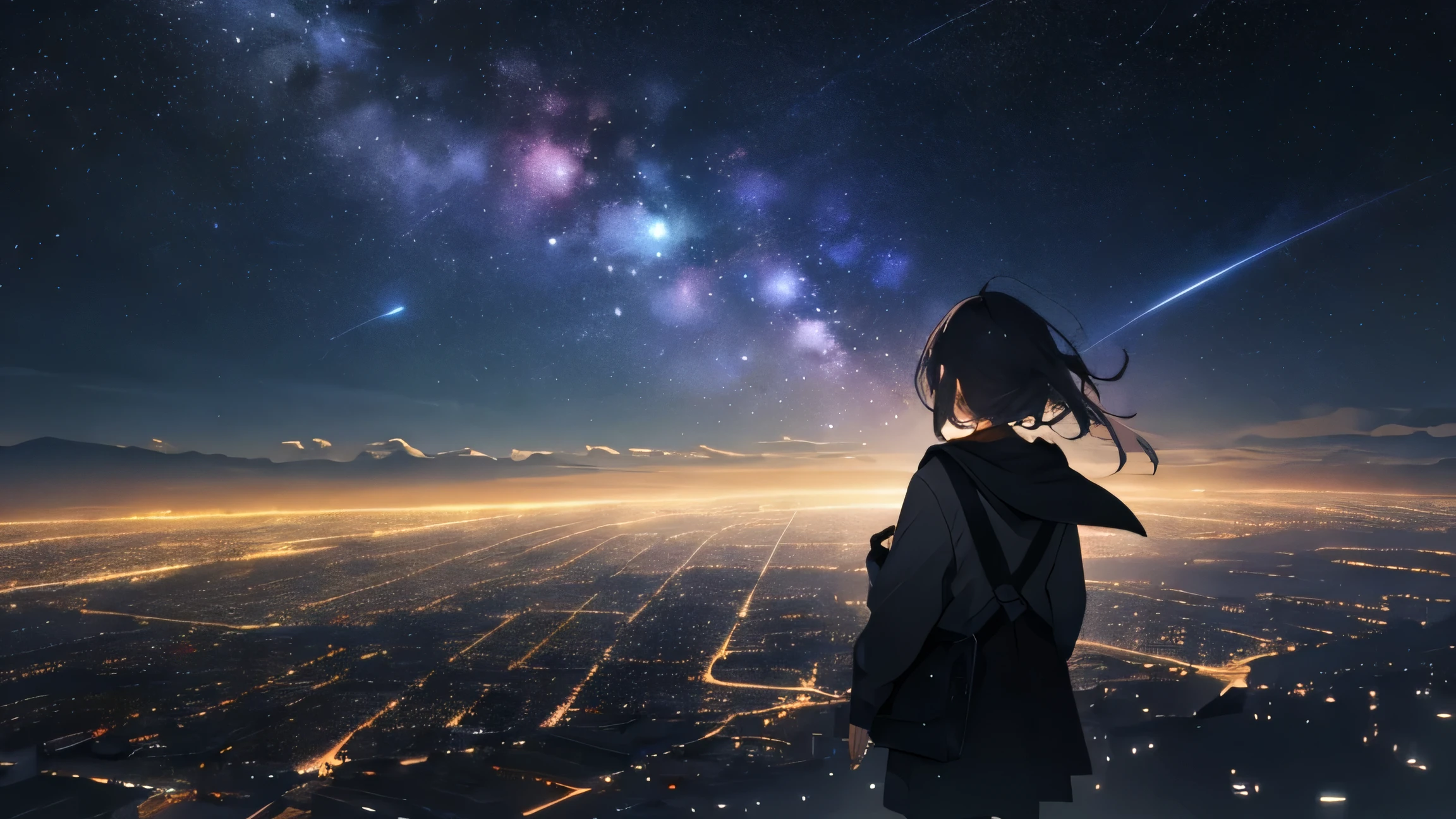 The back view of a girl looking down on a city in the middle of the night under a starry sky。A mix of city lights and starry skies