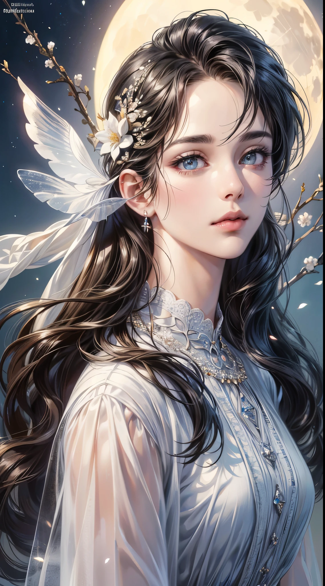 (best quality,4k,8k,highres,masterpiece:1.2),ultra-detailed,(realistic,photorealistic,photo-realistic:1.37),1girl,beautiful detailed eyes,beautiful detailed lips,extremely detailed face and eyes,long eyelashes,goddess of the moon,welcoming expression,exquisite facial features,floral scent,ethereal,dramatic lighting,vibrant colors,fantasy,digital art