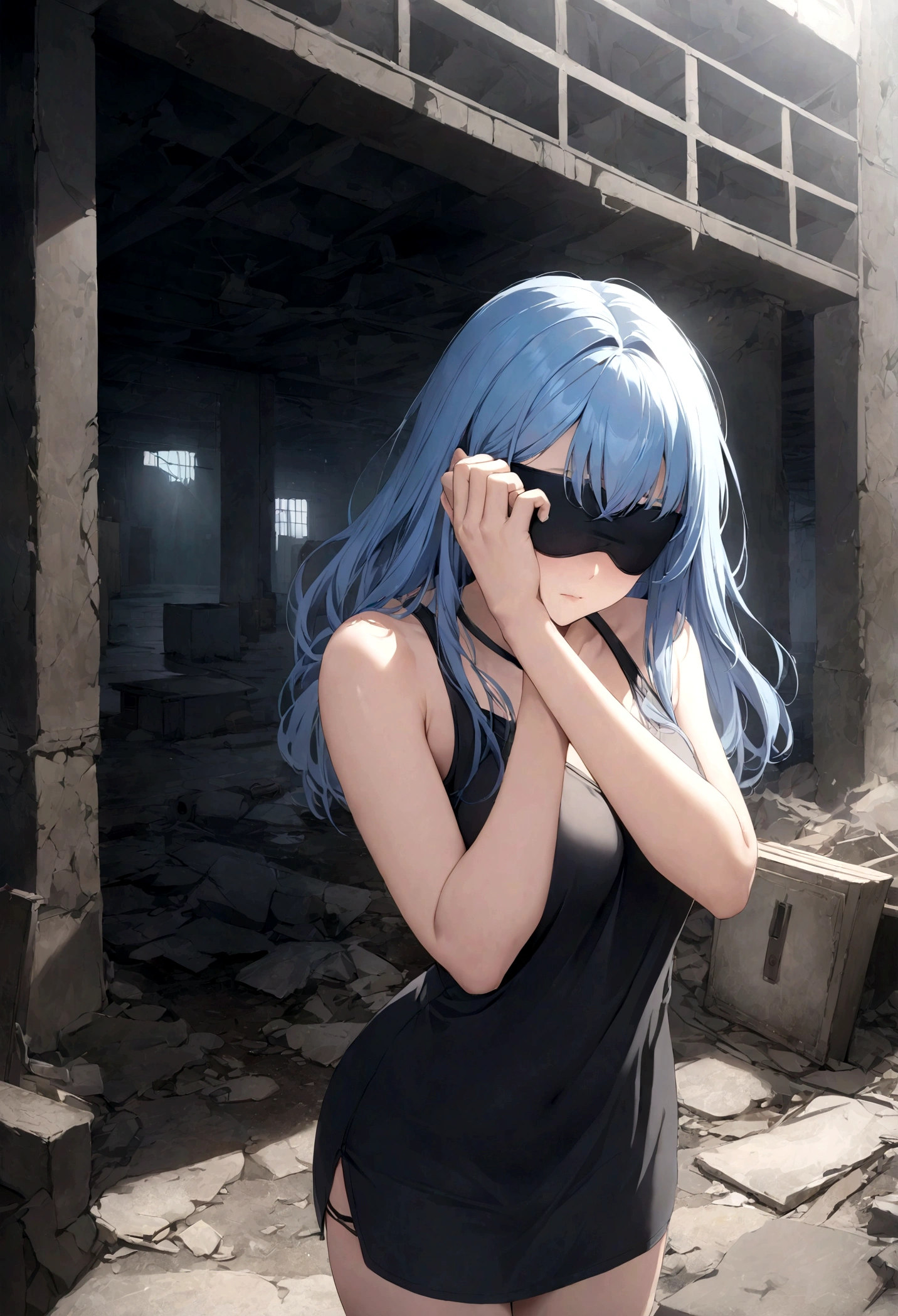 Cloth, Cover your eyes,
用丝带Cover your eyes, ((Not blindfolded,))black, black透明裙子,Long blue hair,In an abandoned factory, dark,
Album,Art Books, game_CG, realistic, photo, real,
, masterpiece, best quality,