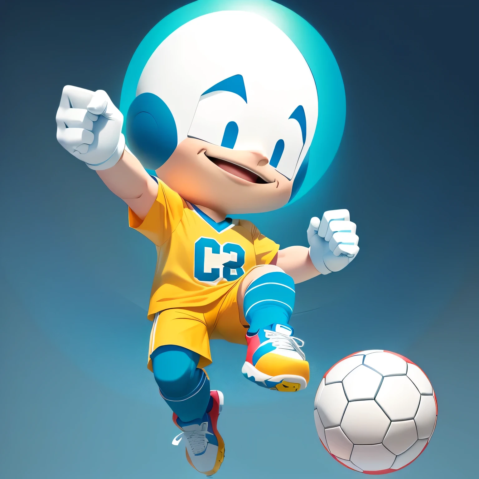 cartoon character kicking a soccer ball with a soccer ball in the background, football mascot, soccer player, sports mascot, playing soccer, football player, soccer, sports team mascot, doing a kick, full body mascot, character is flying, dribbling, japanese mascot, flying soccer balls, soccer ball, game character, in an action pose, animation character, trending dribble,White bald head, blue sportswear, white pants, playing football, white sneakers, yellow shoelaces, Q version character