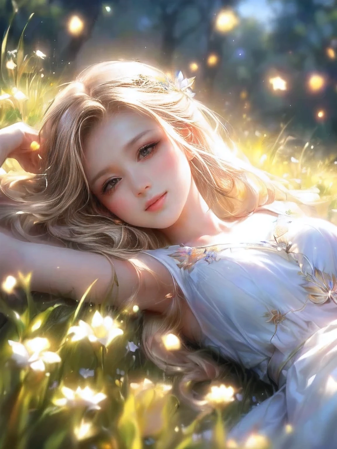 blonde haired girl laying in a field of flowers with a butterfly in her hair, fantasy art style, beautiful digital artwork, smooth anime cg art, beautiful fantasy art, trending on cgstation, 8k artgerm bokeh, fantasy beautiful, artwork in the style of guweiz, beautiful fantasy anime, 8k high quality detailed art, cute detailed digital art