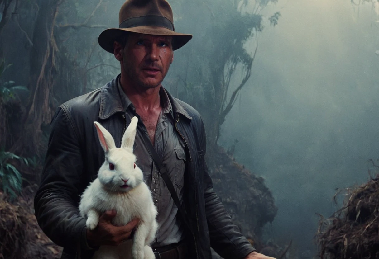 Indianajones Person following a white rabbit, middle East background, Sideshow, eerie moody, iconic hat, film grain movie scene.