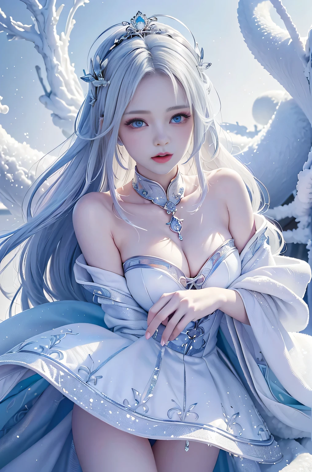 ((masterpiece:1.5,highest quality,Highly detailed images,Beautiful images、Realistic、Photorealistic、2.5D))(1girl, solo)(medium breasts, white hair, aqua eyes)(ta Costume、Cape、Snow Field)(Beautiful, shining hair, floating hair)(heavy snow、dead tree)