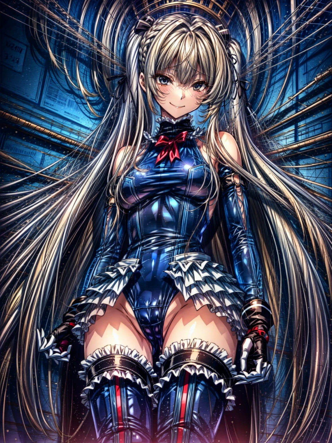 4K,Perfect Anatomy, highest quality, Marie Rose,Wicked Smile,Provocative attitude
,,Wicked Smile,Anime Style,(Ruffled swimsuit, Knee socks, Removed sleeve), (Anime Style:1.4) ,
,(White fingers:1.1,Black gloves),
Hollow Eyes,whole body,1 Girl、(In the research facility:1.2),,(many Wires and many tubes attached to the whole body:1.3),(cameltoe:1.4),(very long hair:1.6),