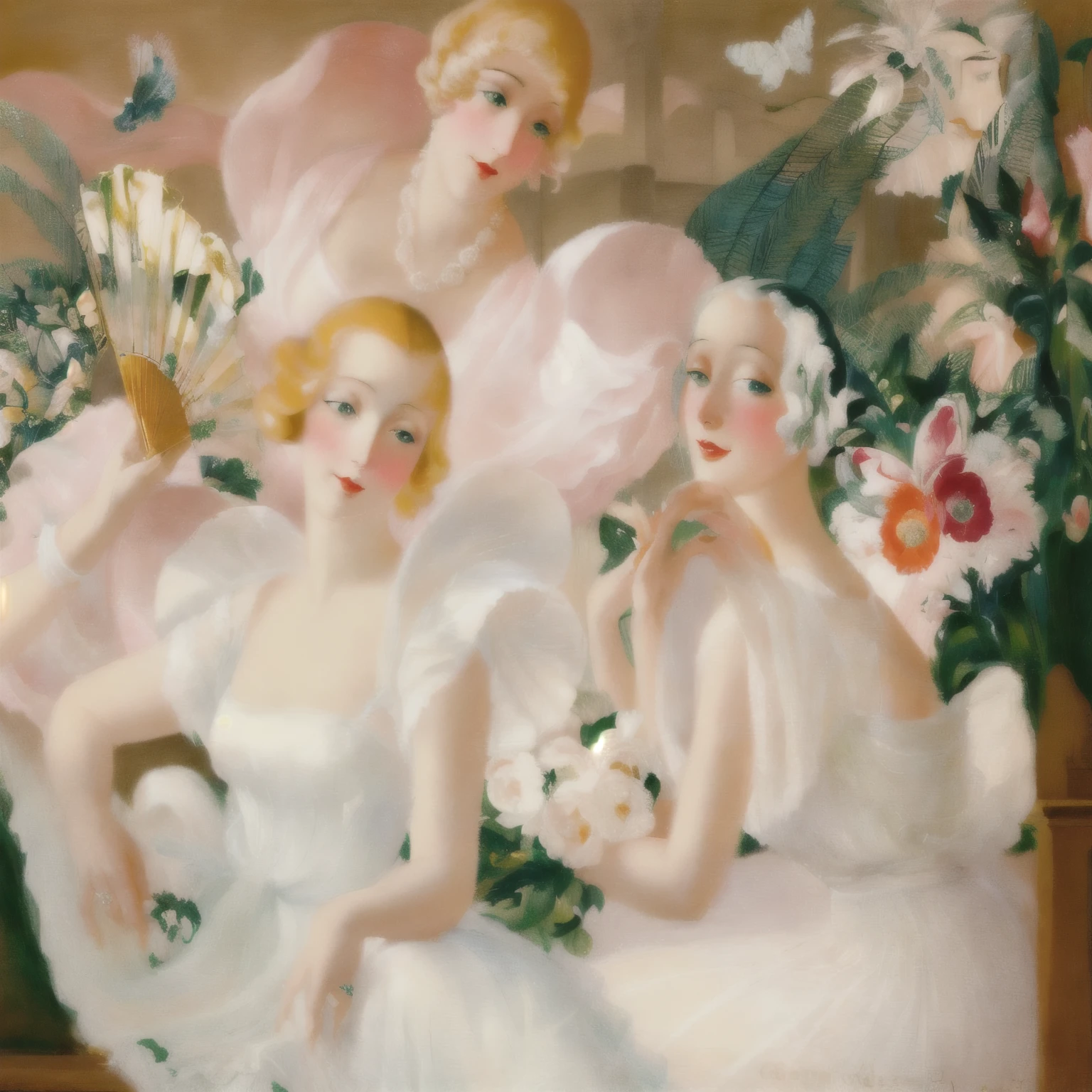 painting of three women in white dresses with fan and flowers, by Gerda Wegener, inspired by Gerda Wegener, art deco painting, triad of muses, an art deco painting, 1920s neo rococo expressionist, by Alice Bailly, three women, by Barbara Balmer, by Zinaida Serebriakova, jean dupas