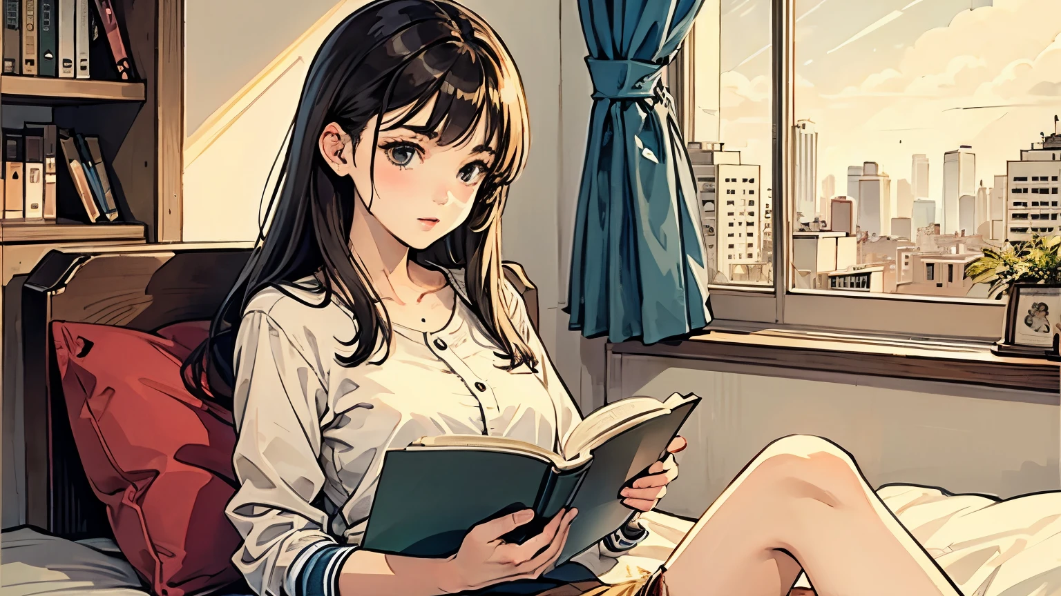 The brunette girl was alone in her bedroom,Reading a book