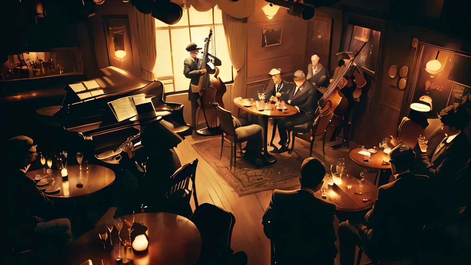 People sitting at a restaurant table and playing musical instruments々There are, film noir jazz bar, 1 9 3 0 S Jazz Club, More about Sky Jazz Cafe, Great composition film, Cozy, dark 1920s speakeasy bar, By Leo Getz, Detailed cinematic shots, Detailed cinematic rendering, By Ludwig Konaszewski Jr., Rich cinematic atmosphere