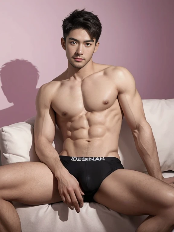 Arafed man in a briefs, handsome man, handsome guy, Full Body Shoot, photoshoot, beard, a little beard, male , briefs, portrait, look at camera, detailed facial parts, Manly, Charmer, Active Boy, sitting, sitting on sofa, legs opened, harness, furious expression, perfect , symmetric body, asian boy 25-year-old, shirtless :: high detail, asian, a little six packs attractive body, realistic, human skin, handsome chad chin, shirtless, handsome, lean muscle, attractive, slim, masculine,  attractive, human skin, (eyes contact), Handsome, Attractive, bulge in briefs, The  is raised, bright tone, pastel background, realistic