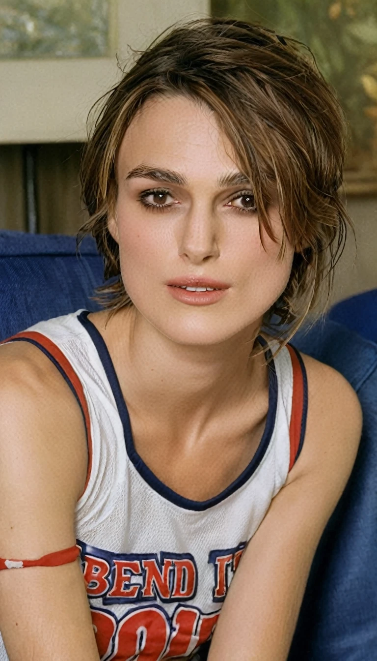 Keira Knightley, a close up of a person sitting in a room, ((18yo.)), ((late :1.4)) inspired by Winona Nelson, high fidelity face, (Keira Knightley:1.3), wearing unbottoned torn shirt, sport uniform, (scene from a movie "Bend It Like Beckham":1.6), image of character from "Bend It Like Beckham", 1999, (short inverted bob haircut;1.4), (topless:1.3)
