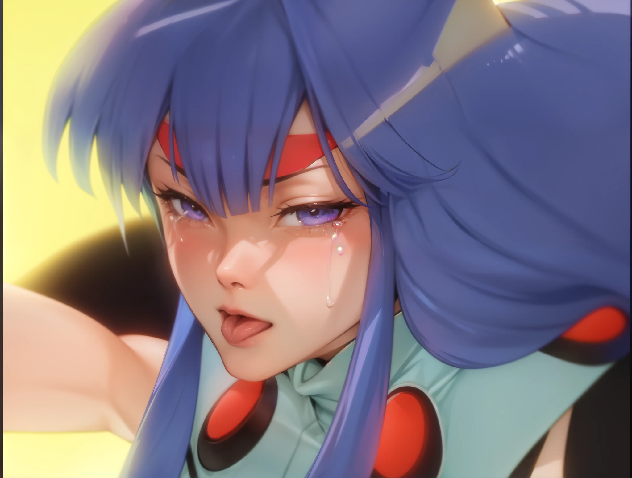 Female Combatant、Purple haired Japanese girl、Close-up of a girl in a blue leotard、Blue glossy leotard、Blue knee-high boots、Yellow Globe、Saiyan Girl, wonderful, Nano Girl, Female body type, Inspired by Hiromu Arakawa, Anime Manga Robot!! Anime Girls, Fubuki, Full Body Suit, by Hiromu Arakawa、wonderful, silk, Beautiful and attractive anime teen, Anime Girls of the future, tears,Drooling,Pee,Sweat,Tongue out,incontinence,Peeing,Mouth open and tongue out,Estrus,Eyes wide open,Estrus,Blushing,Nipples are erect,Face is hot,Lust、Mouth wide open and tongue sticking out、incontinence、Crying face、Drooling、Red lips、Red tongue、Red tongueを大きく突き出している