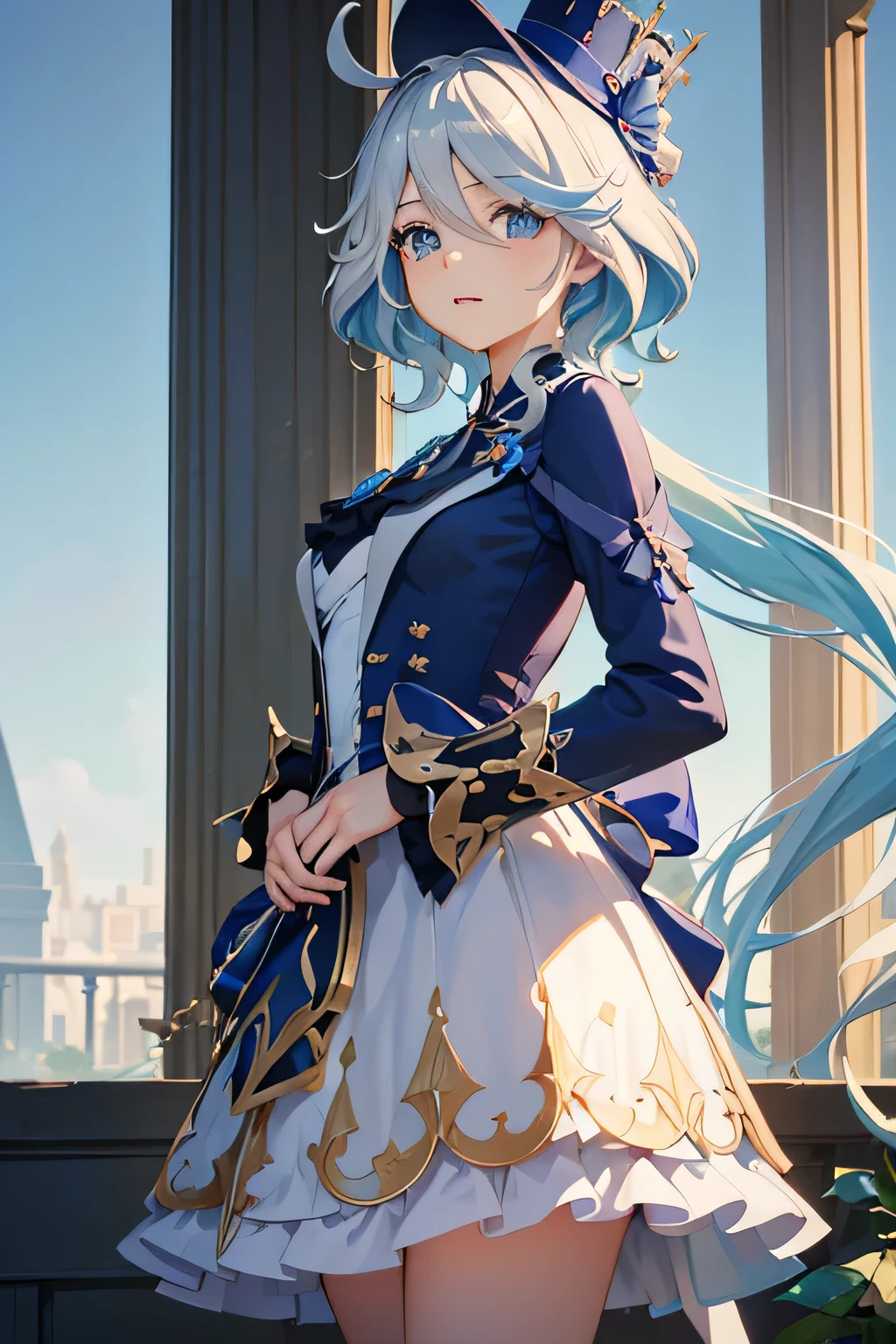 (girl,anime girl) wearing a hat and a blue dress, (wallpaper,figure,Fine art:pencil:1.1,anime:muted) and (soft,Blurred,Flowing,Wavy) Blue Water (background,As a motif). The girl (big,Expressive:1.1) eye, (small,delicate) lips, and a (Hilarious,Contemplative:dream-like) Her expression. she has (length,Flowing:Silver) gently hair (Blowing in the wind, Frame her face) and (length,Obelisk:detailed) eyelash. The scene is (Brightly lit:Warmly lit) and (soft,nature:sunlight) Streaming from window, casting (subtle,kind) shadows on the girl's face and the surrounding area. The big picture is (high quality,4K:1.2,ultra-detailed,Realistic) (anime,figure) artwork, and (Vibrant,Vivid) colors and (shading,blend:1.1).