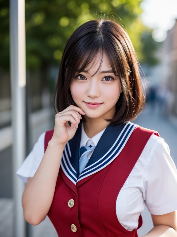 (RAW Photos:1.2), (Realistic:1.4), Beautiful detailed girl, Very detailed eyes and face, Beautiful details, Ridiculous, incredibly Ridiculous, Large file size, Very detailed, High resolution, Very detailed, highest quality, masterpiece, kemomimi, ((Japanese school girl uniform)), shape, Very detailed, CG, Unified, 8k wallpaper, wonderful, Fine details, masterpiece, highest quality, Very detailed CG uniform 8k wallpaper, Light on the face, Cinema Lighting, One Girl,Shy smile、(Big Ass)、full body shot、School Uniforms、Red tie、Dark blue pleated skirt、Around town、City、noon、(Ample breasts)、24-years-old、Very Short Hair、Short sleeve、Shiny black hair