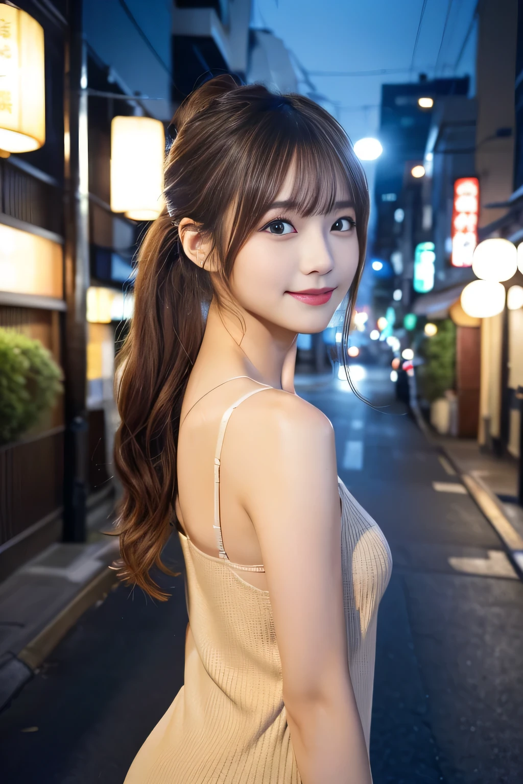 masterpiece、1 beautiful girl、Detailed eyes、Puffy eyes、highest quality, 超A high resolution, (Reality: 1.4), Cinema Lighting、Japanese、Asian Beauty、Super Beauty、Beautiful Skin、Slender、Body facing forward、(Surreal)、(High resolution)、(8k)、(Very detailed)、(Beautiful and detailed eyes)、(Ultra-detailed)、 (wall-)、(Natural smile）、Detailed face、Bright lighting、Professional Lighting、View your viewers、Look straight ahead、(The costume is a knitted dress)、ponytail, My hair is messy, Asymmetrical bangs, 、Night Scenery、Brown Hair、Japan is an idol、Korean Idol、Gravure idol pose、、19 years old、expensive,