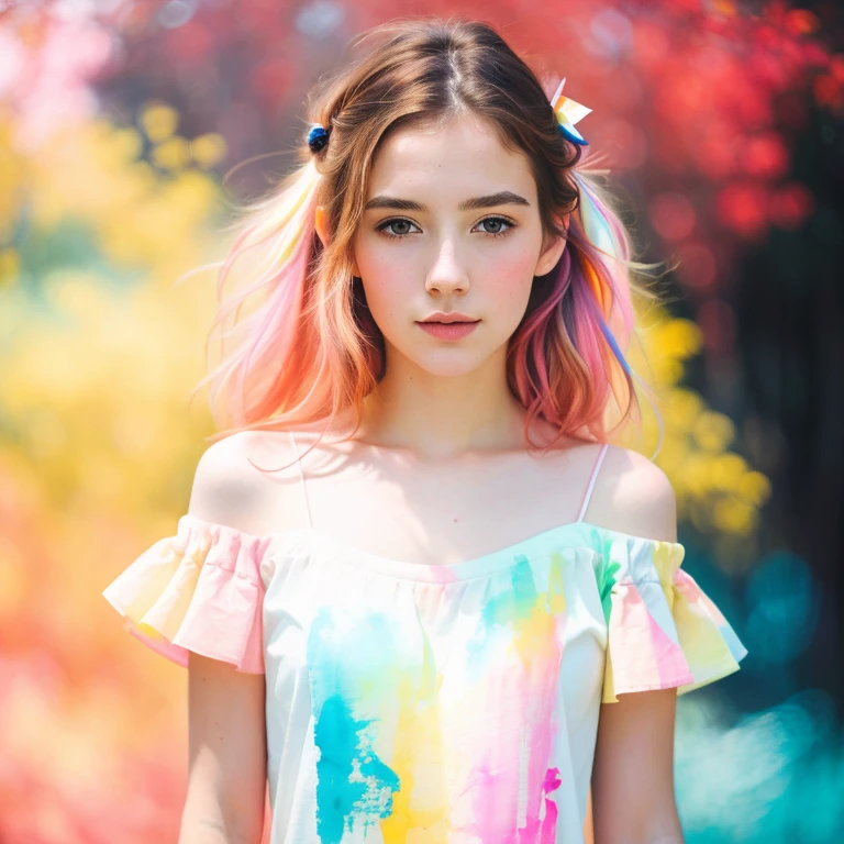 (8k, best quality, masterpiece:1.2),(best quality:1.0), (ultra highres:1.0), pencil colors, a beautiful woman, shoulder, hair ribbons, by agnes cecile, full body portrait, extremely luminous bright design, pastel colors, (ink:1.3), autumn lights, full body