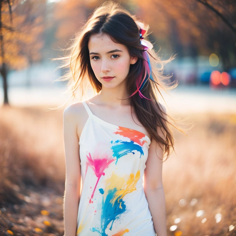 (8k, best quality, masterpiece:1.2),(best quality:1.0), (ultra highres:1.0), pencil colors, a beautiful woman, shoulder, hair ribbons, by agnes cecile, full body portrait, extremely luminous bright design, pastel colors, (ink:1.3), autumn lights, full body