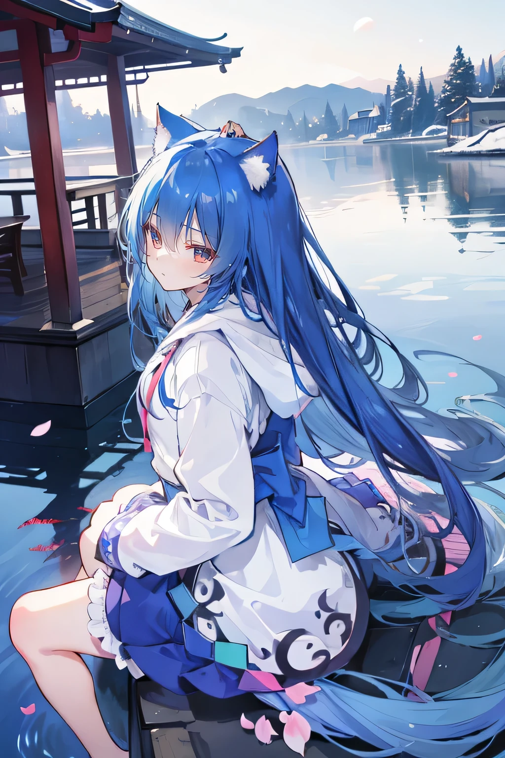 (masterpiece:1.2),Super detailed,lifelike,Expressive eyes,fair skin,perfect face shape,1 girl,
Japanese comics,Gorgeous blue hair,flowing blue hair,flowing clothes,Cat ears,Petals fall,beautiful lola,Baby Angel,
Shaking head with one hand,Cross your legs,Gentle and peaceful background,The pavilion is cool and comfortable,smile, wearing hoodie, background of tokyo,back views,snowing, winter,lie on the water.