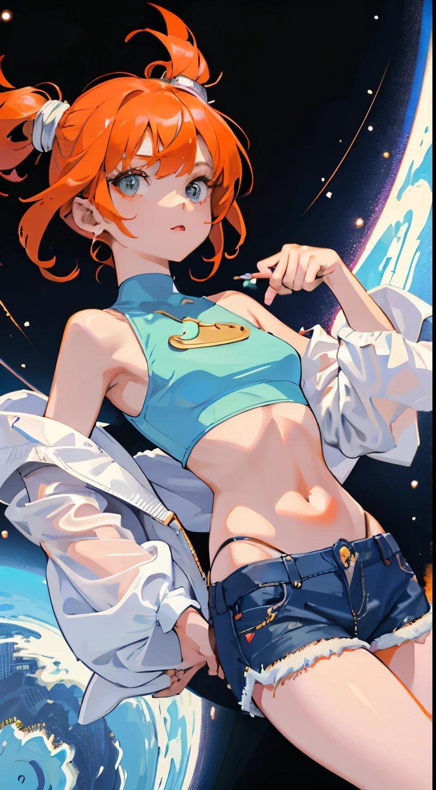 (short cute girl,small young student,young delicate girl),(masterpiece,Top quality),Crop Top Look,pastel clothing,long orange hair tiny denim shorts on a space ship blowing smoke rings fox tail perky nips