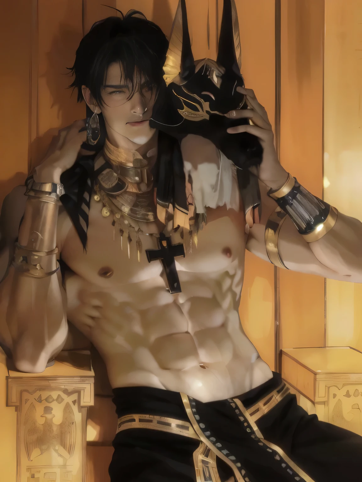 Anime man with a sword and a cross on his chest, photo of ghost of Anubis, the god Anubis, Egyptian God, Beautiful Shinigami, Taisho Rome, Inspired by Masanobu Okumura, Anubis, Joseph Joestar, angry god Anubis, the Egyptian God, Egyptian God, Pharaoh, Handsome Japanese devil boy。real photo