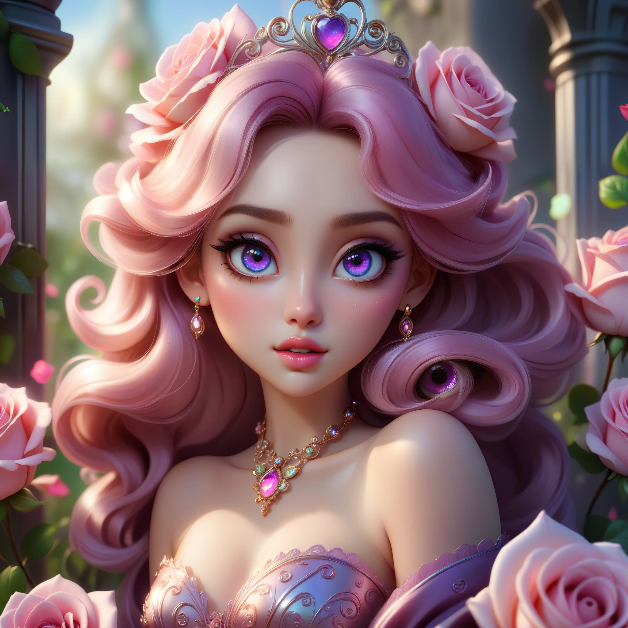 (This is a beautiful, soft, ethereal, and (romantic) fantasy image with a persistent pink aura, fairytale fantasy elements, and a lovely color palette.) Generate a beautiful fairy woman with beautiful puffy lips and beautiful detailed eyes. Her glossy curled hair is realistically detailed and her (ringed eyes) are interesting and colorful. Surround her with eternal roses in shimmering shades of pink and purple.  Include luminous flowers and detailed roses. Utilize dynamic composition and dramatic lighting and cinematic lighting to create an interesting fantasy image. The background of the image is interesting and ultra-detailed, with soft fantasy lighting and gradients. English rose, princess, sweet, lovely, shimmering, glimmering, glittering, astrological fantasy, (((masterpiece))), (highest quality), beautiful eyes, perfect puffy lips, jewel tones, luminosity.  8k, Unreal Engine 5, octane render, trending on pixiv, fanbox, skeb, masterpiece, detailed face, smooth soft skin, big dreamy eyes, beautiful intricate colored hair, anime wide eyes, soft lighting, concept art, digital painting, elegant expression, elegant face, smiling puffy lips