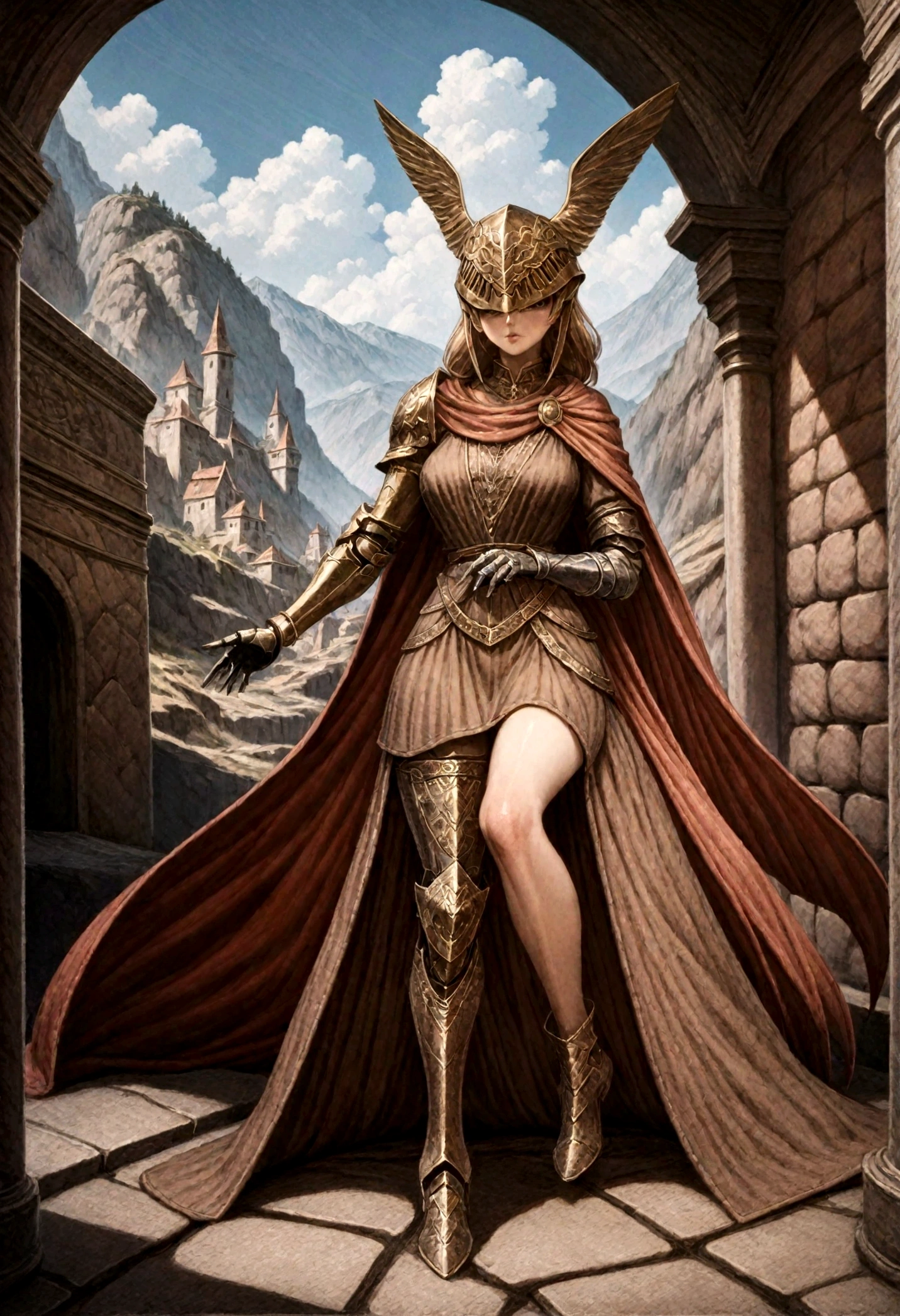 Highly detailed, High Quality, Masterpiece, beautiful, 1girl, prothestic leg, single mechanical arm, prosthesis, MaleniaDef, armor, cape, helmet, brown dress, full body, big breast