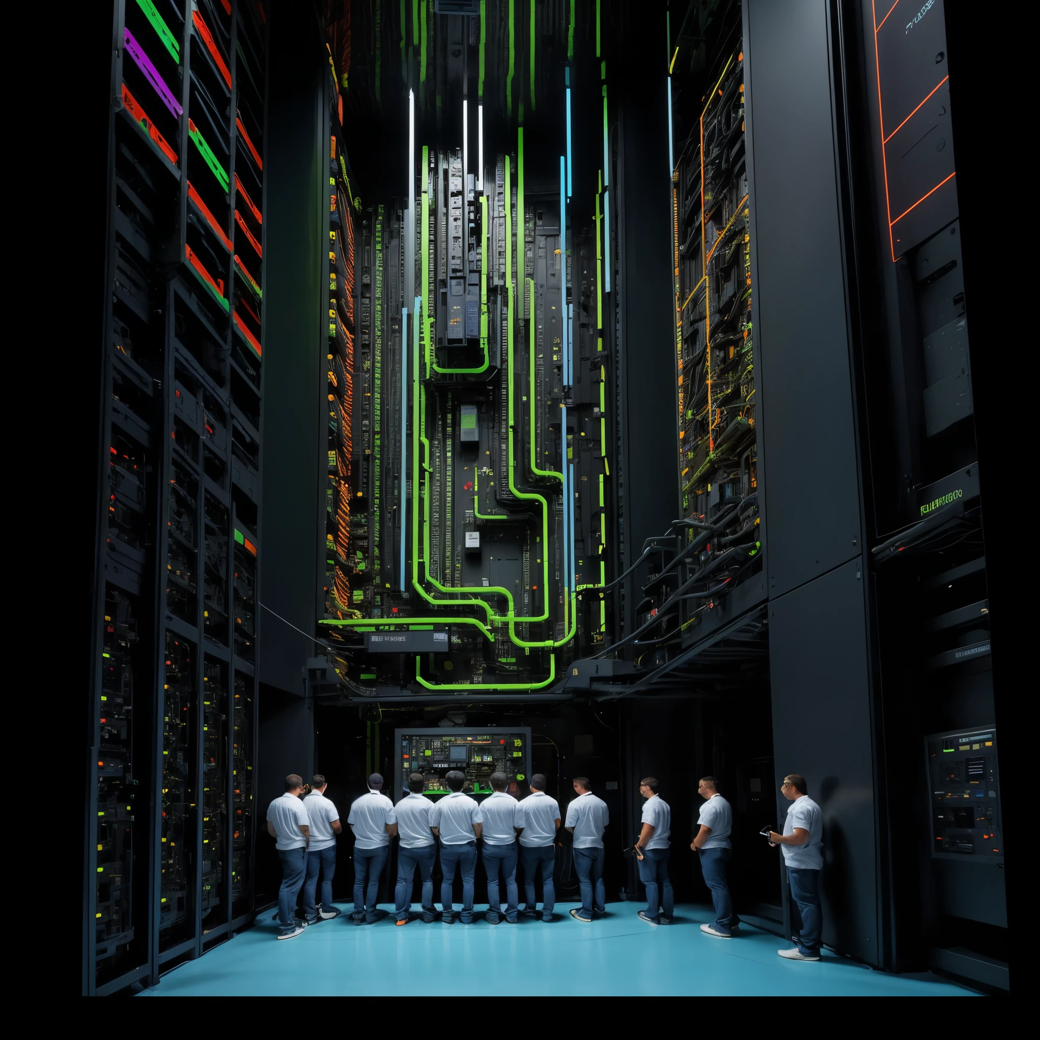 ((melhor qualidade)), 

scenario:

A futuristic data center located inside an imposing skyscraper. The walls are made of metal and glass, com luzes neon azuis e roxas iluminando o ambiente. No centro da sala, there is a huge holographic control panel that displays complex information about the functioning of the computer network.

Personagens:

A highly qualified IT technician is gathered around the control panel, working to solve a critical problem.
The technician is equipped with state-of-the-art tools, like holographic keyboards, fones de ouvido de realidade aumentada e tablets com interfaces intuitivas. focado e determinado, but there is also a sense of calm and professionalism in the air.

Elementos:

Auxiliary robots circulate around the room, loading equipment and providing support to technicians.
Hologramas flutuam no ar, displaying additional information and data projections relevant to the problem at hand.
High-resolution screens on the walls show graphics and animations that illustrate the status of the network and the progress of technicians&#39; work.

Paleta de cores:

The main color palette is made up of dark blue and black tones., criando uma atmosfera de seriedade e profissionalismo.
Nuances of light blue and neon green are used to highlight important elements and create visual contrast.
Subtle gradient effects and smooth transitions between colors contribute to the image&#39;s sense of dynamism and modernity.

Significado:

The image conveys a message of trust and security, showing that the IT team is always ready to solve problems and keep the network running efficiently.