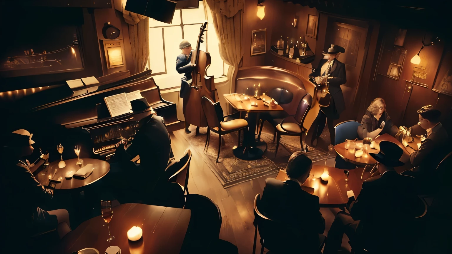 People sitting at a restaurant table and playing musical instruments々There are, film noir jazz bar, 1 9 3 0 S Jazz Club, More about Sky Jazz Cafe, Great composition film, Cozy, dark 1920s speakeasy bar, By Leo Getz, Detailed cinematic shots, Detailed cinematic rendering, By Ludwig Konaszewski Jr., Rich cinematic atmosphere
