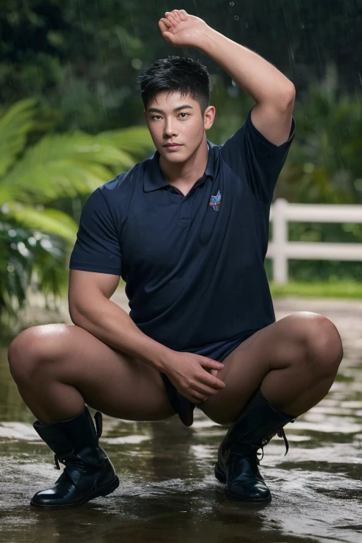 20-year-old boy ,Korean male officer ,Thin mustache...,handsome ,Wear a dark navy short-sleeved shirt............., Wearing only Dark navy thong, no pants, Black boots and dark navy gloves.,sit on the ground , His legs spread apart.............................., Police Logo ,tight breasts ,Muscle Man , ((The arm muscles are very large.................)) ,large , Wide shoulders ,open legs ,Hold the bulge firmly with both hands............................................. ,Large long bulge pointing upwards..................................... ,Sexually suggestive, (Dynamic Poses:1.1) , thights , (Embossed Focus:1.2),On your knees......................., ,It's raining ,Mud Pond , Best qualtiy , Wide lens ,deep depth of field ,Bokeh background , nsfw , eroticism, arm up