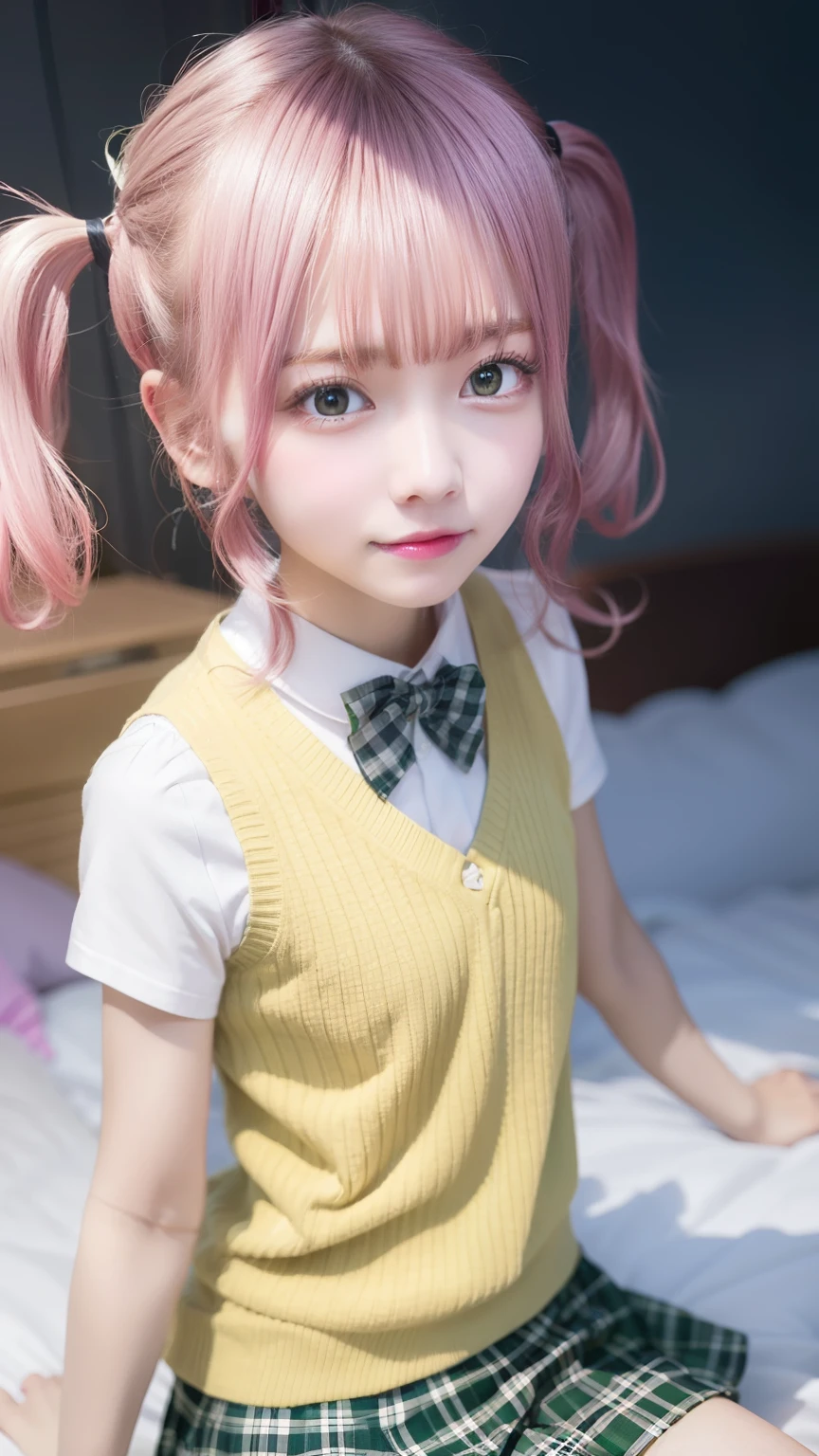 nanadeviluke,  asta deviluke, fang, long hair, pink hair, tail, twintails, (flat chest:1.2),
BREAK green skirt, plaid, plaid skirt, sainan high , , skirt, shirt, white shirt, sweater vest, (yellow sweater vest), short sleeves,
BREAK bed,
BREAK looking at viewer, (wariza:1.5),smile
BREAK (masterpiece:1.2), best quality, high resolution, unity 8k wallpaper,  extremely detailed face, perfect lighting, extremely detailed CG, (perfect hands, perfect anatomy),