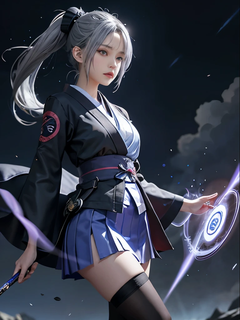 One girl, kimono, ponytail ,Gray Hair, Purple eyes, magic circle, Blue Fire, Blue Flame, wallpaper, landscape, Blood, Bloodしぶき, Depth of written boundary, night, Particles of light, light, Side light, Thighs, destiny \(series\), Genshin Impact, ****, Open jacket, skirt, Upper Leg, cloud，Black Stockings