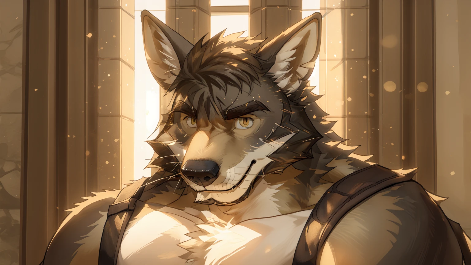 william adler, solo, mature male, bara, muscular male, wolf tail, yellow eyes, smile, (pose:1.3), (posing:1.3), (soft shading), 4k, hi res, ((detailed face, detailed eyes, detailed)), (full body), by zackarry911, by zaush, (by personalami:0.5), solo, looking at viewer, smile, 1boy, yellow eyes, upper body, male focus, fangs, scar, portrait, scar on face, portrait, close-up, (detailed eyes:1.5)