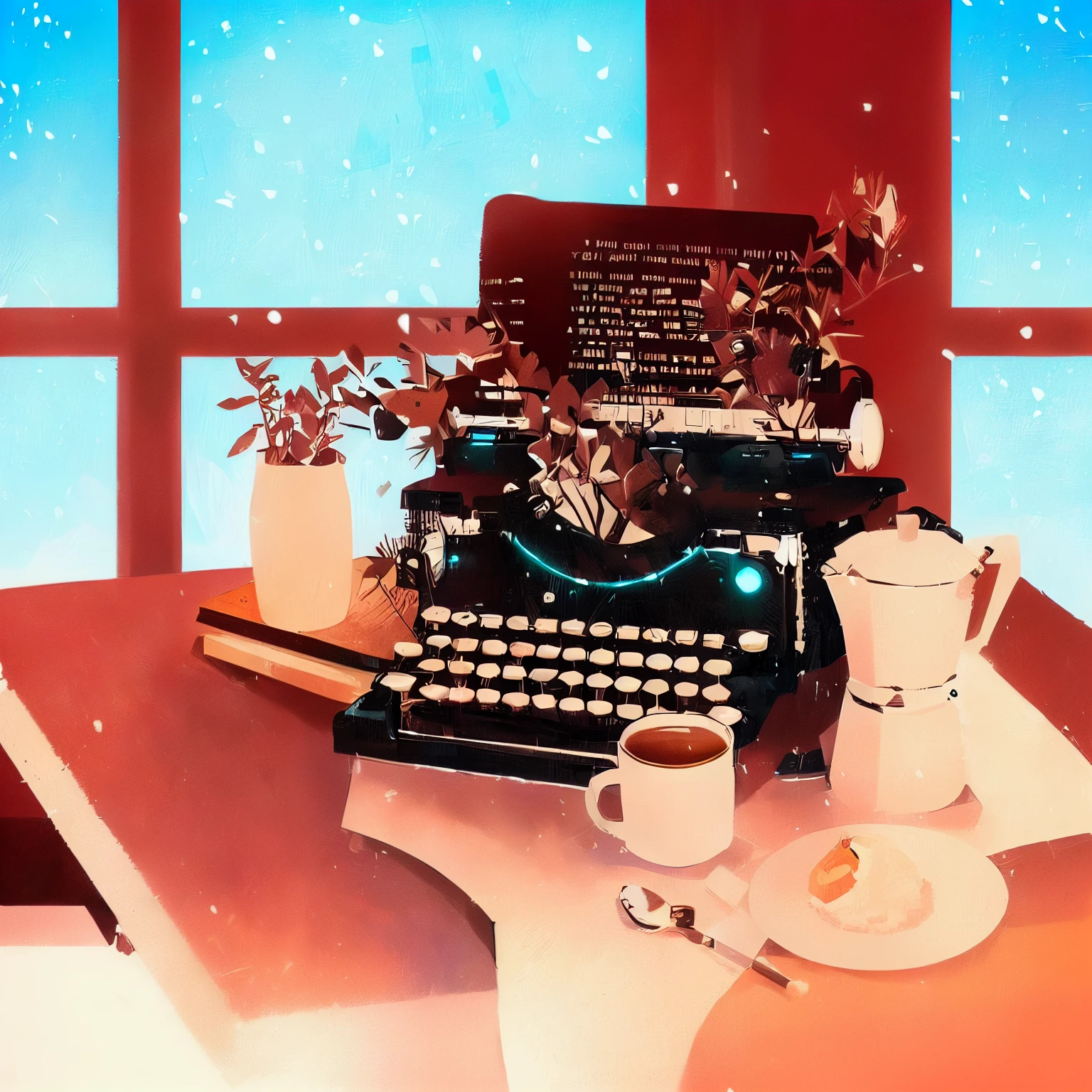 there is a typewriter and a cup of coffee on a table, vignette illustration, dreamy illustration, in style of digital illustration, stylized digital illustration, painterly illustration, book illustration, magazine illustration, illutstration, editorial illustration, vignette of windowsill, mixed media style illustration, still life with snow, in style of laurie greasley