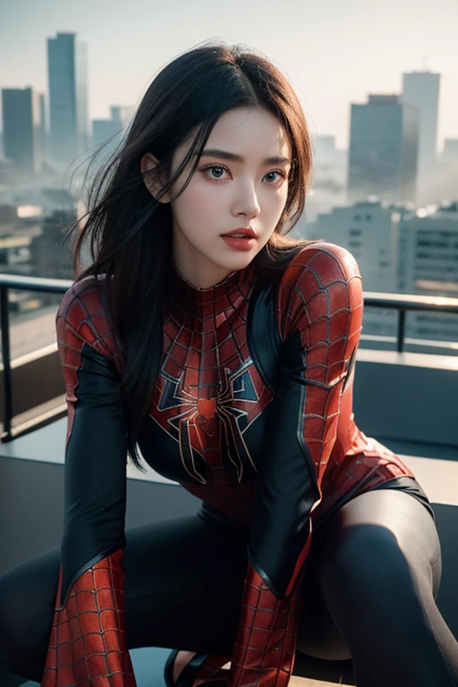 (1girl:1.3), Solo, (((Very detailed face)))), ((Very detailed eyes and face)))), Beautiful detail eyes, Body parts__, Official art, Unified 8k wallpaper, Super detailed, beautiful and beautiful, beautiful, masterpiece, best quality, original, masterpiece, super fine photo, best quality, super high resolution, realistic realism, sunlight, (full body), amazing beauty, dynamic pose, delicate face, vibrant eyes, (from the front), She wears Spider-Man suit, red and black color scheme, spider, very detailed Bangkok city roof background, rooftop, overlooking the city, detailed face, detailed complex busy background, messy, gorgeous, milky white, highly detailed skin, realistic skin details, visible pores, clear focus, volumetric fog, 8k uhd, DSLR, high quality, film grain, fair skin, photo realism, lomography, futuristic dystopian megalopolis, translucent