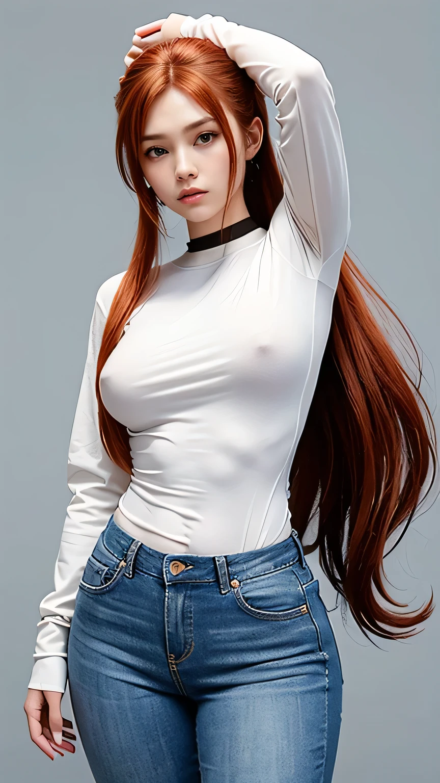 (draw) ((masterpiece, highest quality)) (Character design sheet, same characters, front, ~ side, return, There are words written all around) Woman with long hair, Redhead with ponytail hairstyle, Brown eyes, Wearing a bulletproof vest, Zippered long sleeve T-shirt, White shirt and jeans, returnpack, Stand and relax, Shirt on bare skin, Beautiful body lines, Sensual,