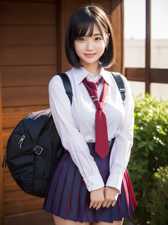 (RAW Photos:1.2), (Realistic:1.4), Beautiful detailed girl, Very detailed eyes and face, Beautiful details, Ridiculous, incredibly Ridiculous, Large file size, Very detailed, High resolution, Very detailed, highest quality, masterpiece, kemomimi, ((Japanese school girl uniform)), shape, Very detailed, CG, Unified, 8k wallpaper, wonderful, Fine details, masterpiece, highest quality, Very detailed CG uniform 8k wallpaper, Light on the face, Cinema Lighting, One Girl,Shy smile、(Big Ass)、full body shot、School Uniforms、Red tie、Dark blue pleated skirt、Housing estate、noon、(Ample breasts)、24-years-old、Short Bob Hair、Short sleeve、Shiny black hair