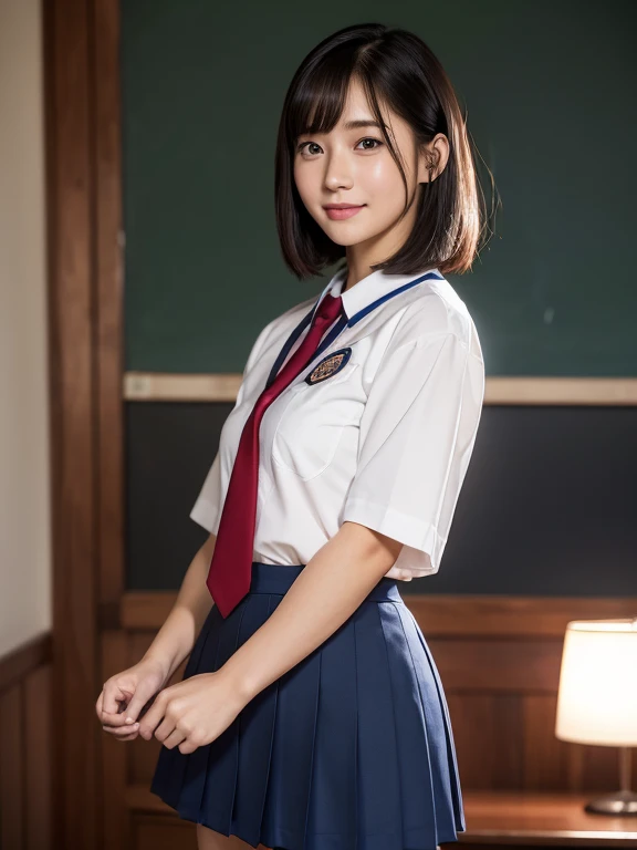 (RAW Photos:1.2), (Realistic:1.4), Beautiful detailed girl, Very detailed eyes and face, Beautiful details, Ridiculous, incredibly Ridiculous, Large file size, Very detailed, High resolution, Very detailed, highest quality, masterpiece, kemomimi, ((Japanese school girl uniform)), shape, Very detailed, CG, Unified, 8k wallpaper, wonderful, Fine details, masterpiece, highest quality, Very detailed CG uniform 8k wallpaper, Light on the face, Cinema Lighting, One Girl,Shy smile、(Big Ass)、full body shot、School Uniforms、Red tie、Dark blue pleated skirt、Housing estate、noon、(Ample breasts)、24-years-old、Short Bob Hair、Short sleeve、Shiny black hair