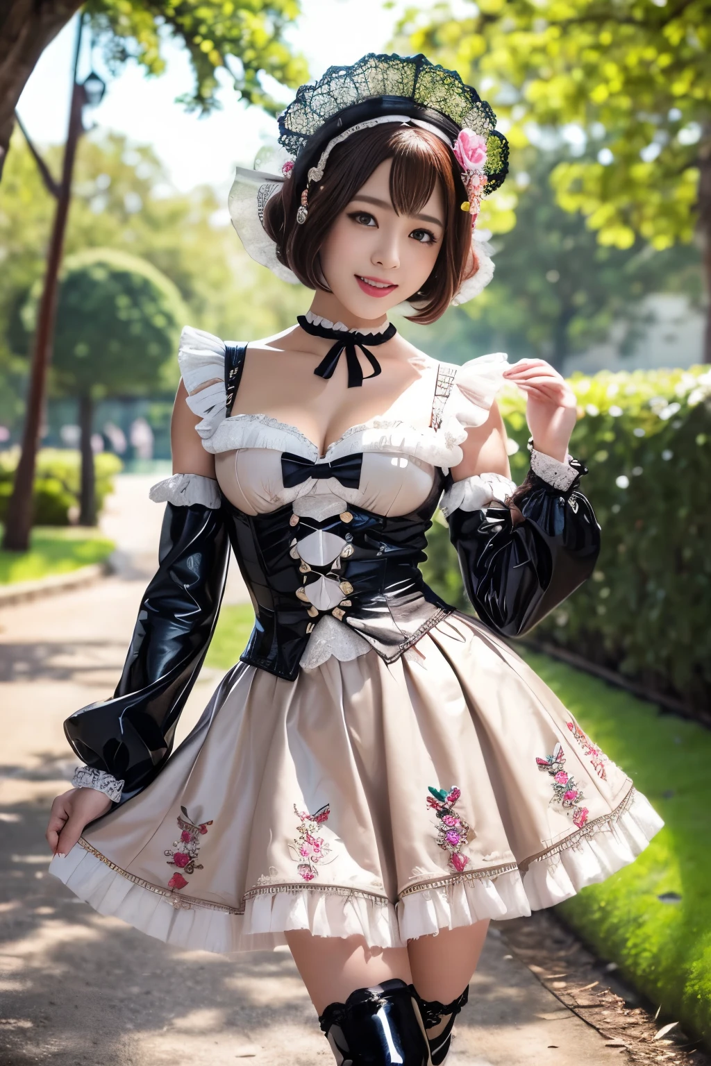 (nsfw), sexy stylish Japanese model, only 1 female, ((doll-like appearance)), short Mahogany stylish hair, ((shiny Victorian-Style boots)), (big smile), ultra detailed eyes, vivid eye makeup, lip-gloss, long lashes, defined eyebrows, ((sexy Paradise Kiss cosplay)), bell-shaped skirt, petticoats, high neckline, puffed sleeves, ((ultra detailed lace)), ((ultra detailed embroidery)), intricate details, Paradise Kiss accessoires and matching headpiece, choker, ((large sparkling Paradise Kiss jewelry)), cinematic light, detailed large park background with trees