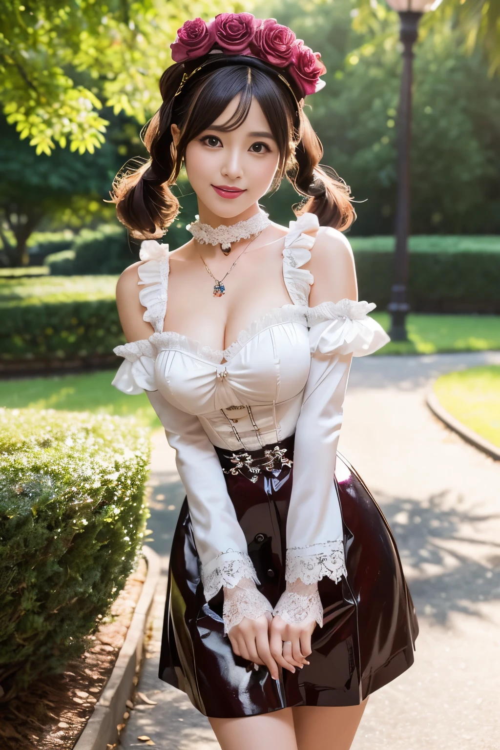 (nsfw), sexy stylish Japanese model, only 1 female, ((doll-like appearance)), short Mahogany stylish hair, ((shiny Victorian-Style boots)), (big smile), ultra detailed eyes, vivid eye makeup, lip-gloss, long lashes, defined eyebrows, ((sexy Paradise Kiss cosplay)), bell-shaped skirt, petticoats, high neckline, puffed sleeves, ((ultra detailed lace)), ((ultra detailed embroidery)), intricate details, Paradise Kiss accessoires and matching headpiece, choker, ((large sparkling Paradise Kiss jewelry)), cinematic light, detailed large park background with trees