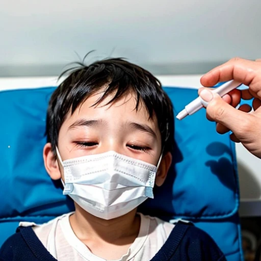 Handsome boy with infectious disease、Appearance of suffering. He is wearing a white mask. He has a high fever. he is sleeping. He has a cough. He is exhausted. He is taking his temperature with a thermometer. He is dying. He is cooling his forehead with a cooling gel sheet..Are crying