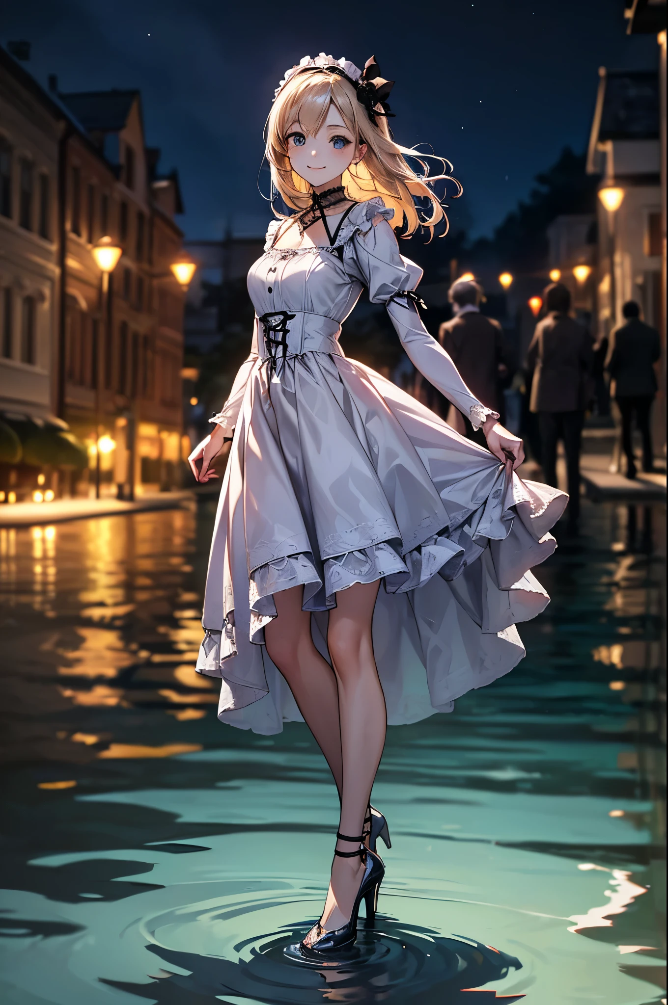 ((Biologically correct limb count))、((whole body including face))、4K、Masterpiece、((Focus on the face))、((Symmetrical, well-proportioned facial features))、Eyes with delicate depictions、(((1 person)))、Beautiful woman、Outstanding style、Slender Body、((Headband、Gothic ta、Gothic Dress、(High heels)))、(((Standing on the surface of the water)))、(smile)、(Close-up photo of the upper body)、High angle、Night in the city、Walking posture、