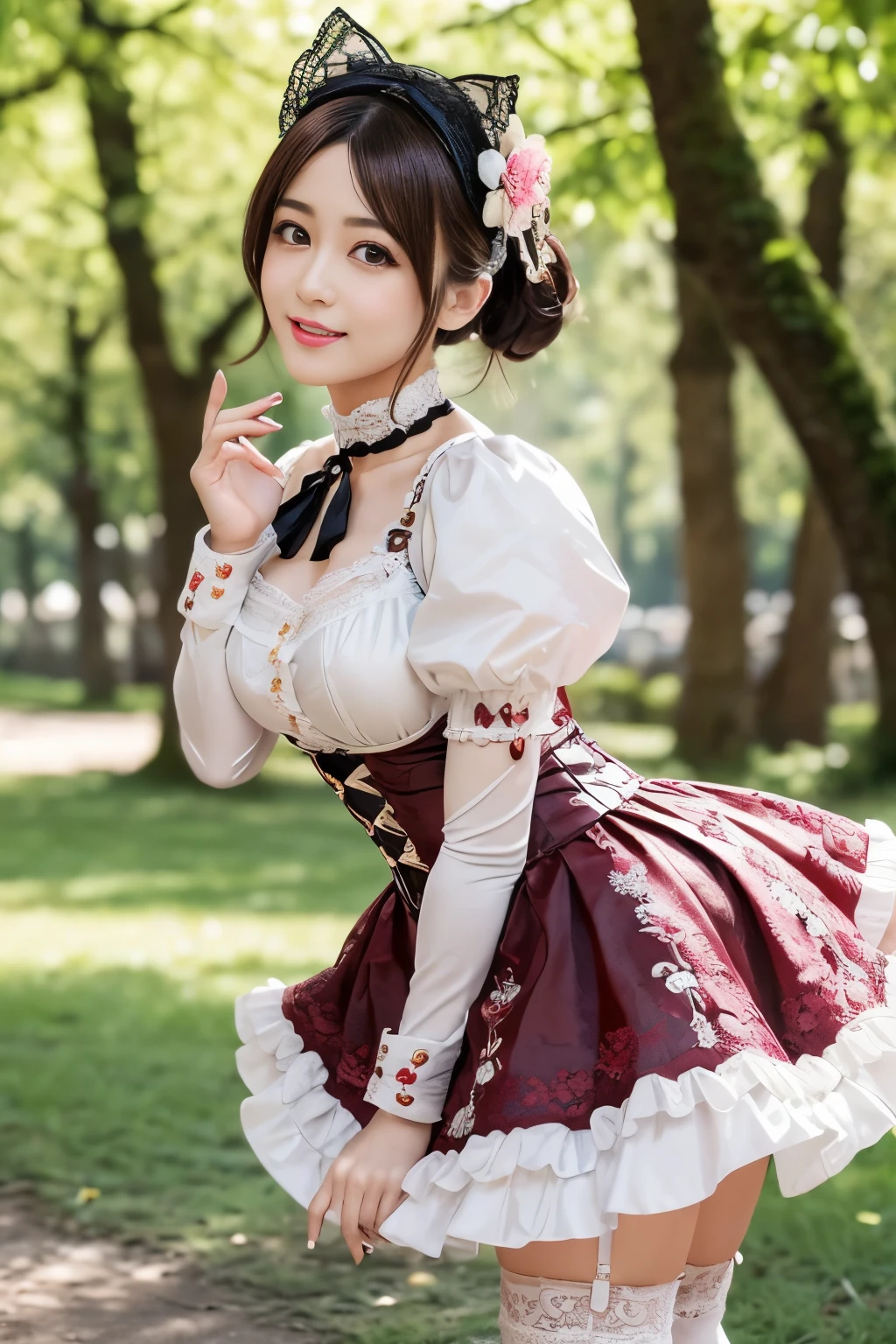 (nsfw), sexy stylish Japanese model, only 1 female, ((doll-like appearance)), short Mahogany stylish hair, ((shiny Victorian-Style boots)), (big smile), ultra detailed eyes, vivid eye makeup, lip-gloss, long lashes, defined eyebrows, ((sexy Paradise Kiss cosplay)), bell-shaped skirt, petticoats, high neckline, puffed sleeves, ((ultra detailed lace)), ((ultra detailed embroidery)), intricate details, Paradise Kiss accessoires and matching headpiece, choker, ((large sparkling Paradise Kiss jewelry)), cinematic light, detailed large park background with trees