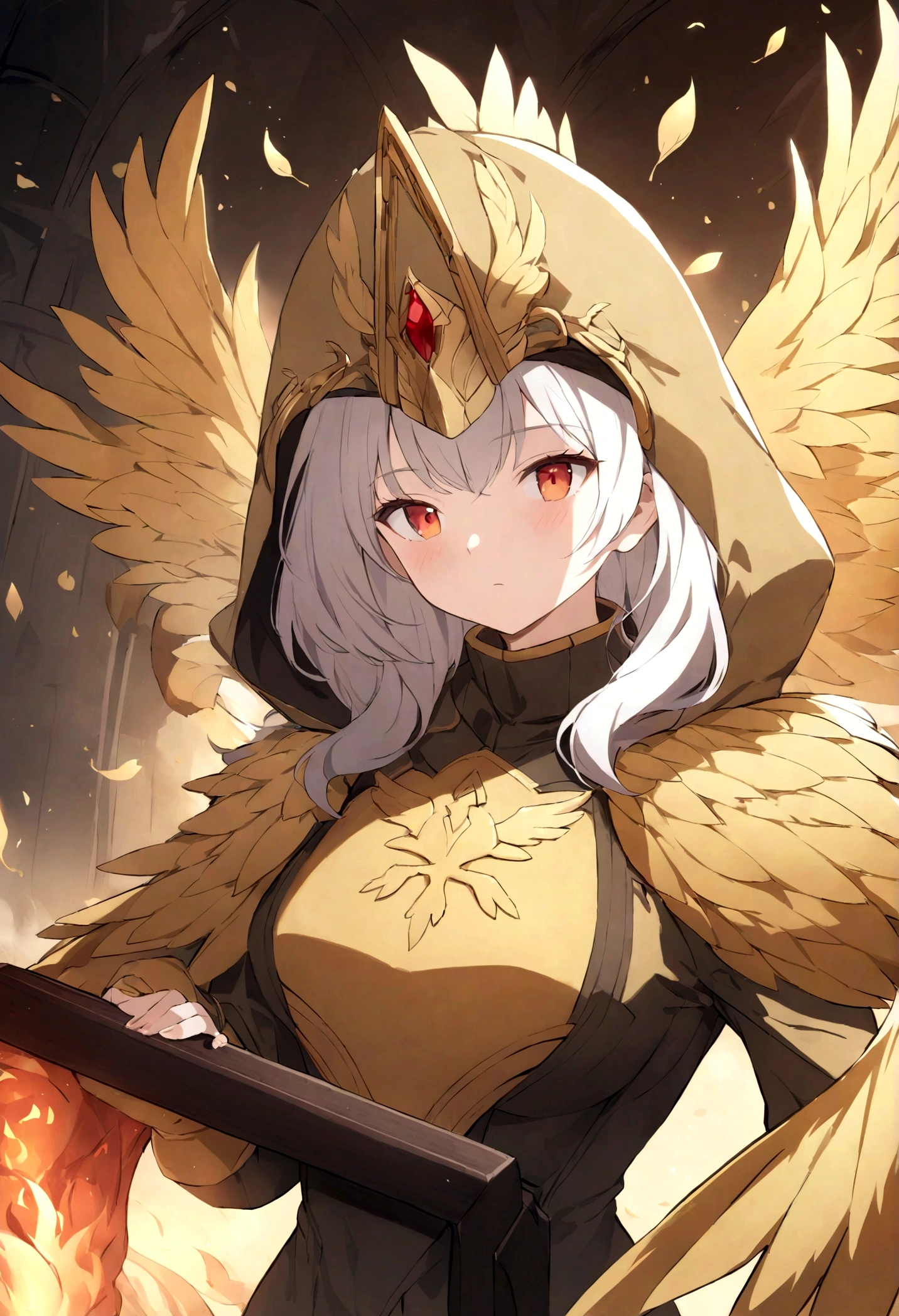 (Upper body:1.3), 1girl in,Hoenic Keeper, Fireproof suit with golden phoenix emblem, Fire cage with obsidian bar, Phoenix nest with shimmering golden feathers, Talon Grove for dealing with phoenixes, Fire ruby to feed the phoenix,