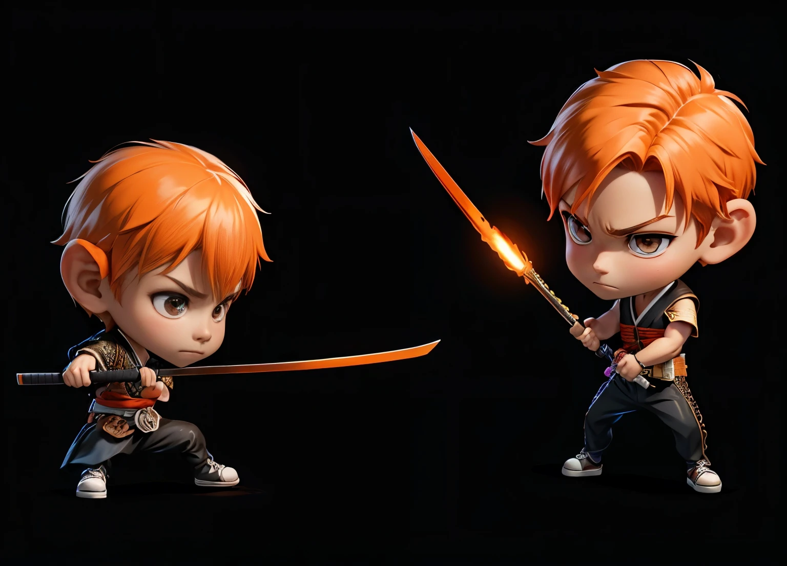 Boys, Full body, Serious face, brown eyes, ((orange hair)), medium length hair, wearing black samurai kimono, black shoe, holding samurai swords, levitate on sky, blue sky, cloud, various sides view