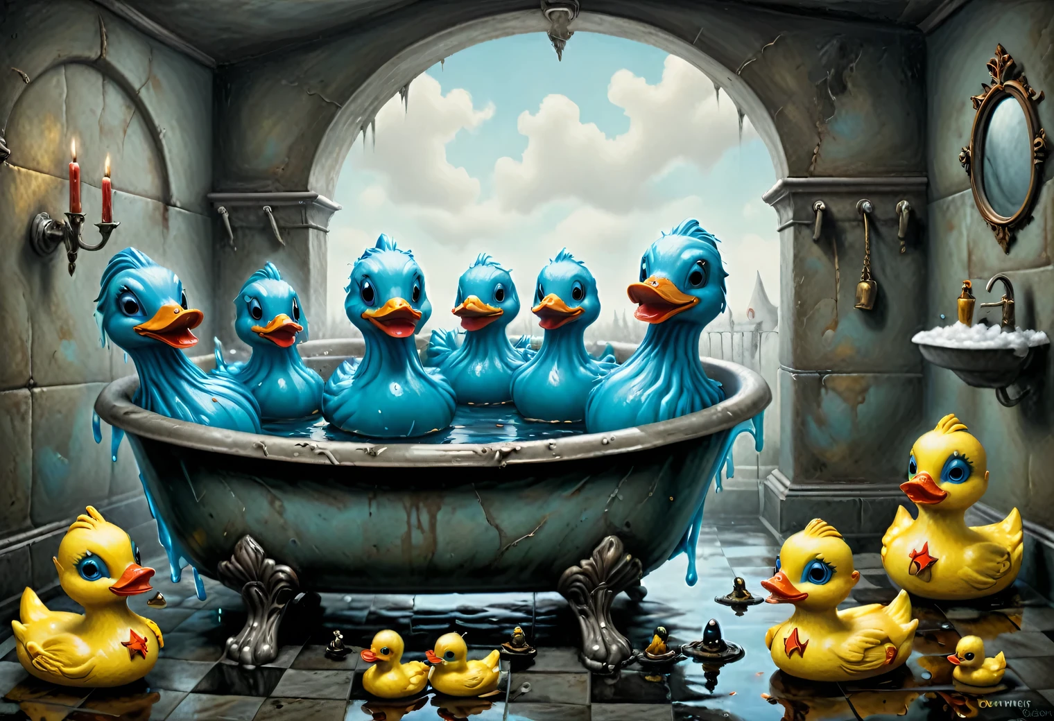 Painting in the style of the artist Santiago Caruso, Gothic, surrealism, bathroom with blue soapy water and rubber ducks in the bathtub, bright Gothic, 2 bright rubber ducks floating in the bathtub, full compliance with the style of Santiago Caruso, inspired by Mark Ryden, Inspired by Jim Burns