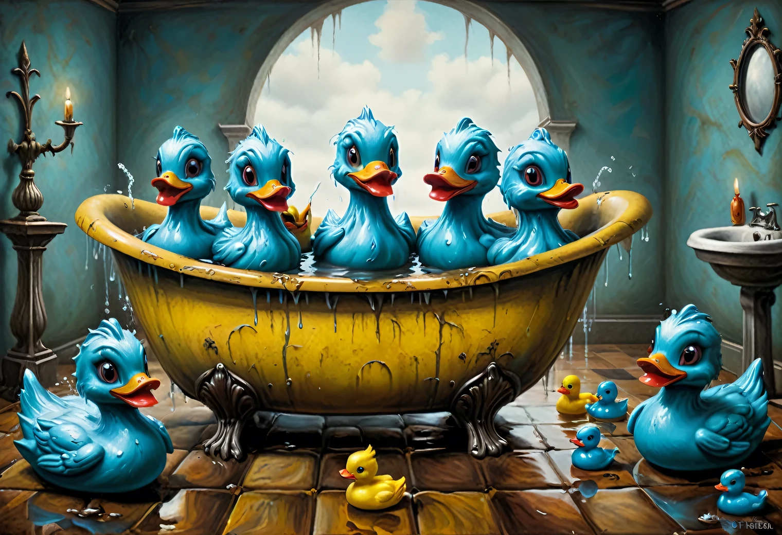 Painting in the style of the artist Santiago Caruso, Gothic, surrealism, bathroom with blue soapy water and rubber ducks in the bathtub, bright Gothic, 2 bright rubber ducks floating in the bathtub, full compliance with the style of Santiago Caruso, inspired by Mark Ryden, Inspired by Jim Burns