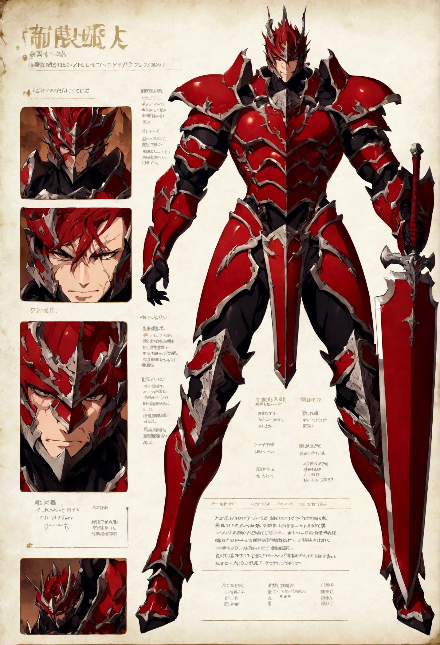 male character full armor, shield and sword, muscular, red hair, full of scar, character sheets